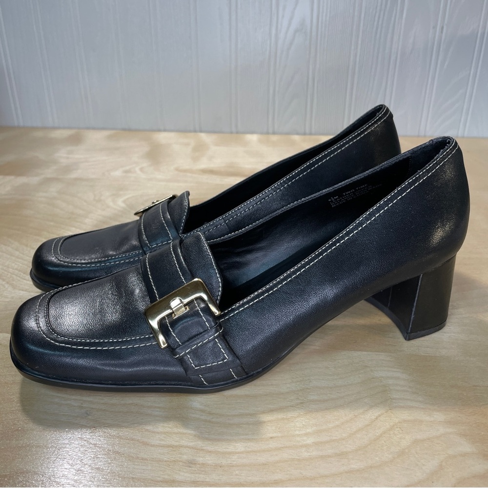 AEROSOLES Two Time Genuine Leather Heeled Loafer Gold Tone Buckle Accent - Black